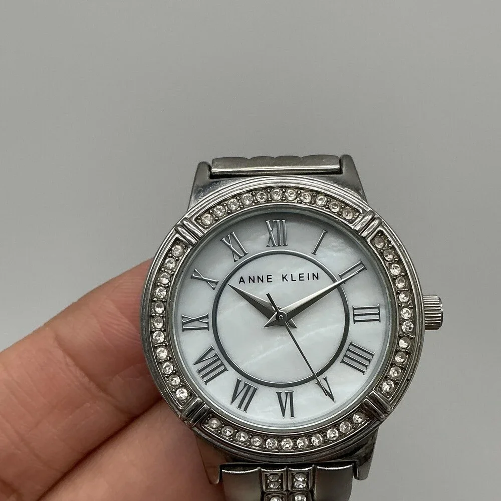 Anne Klein AK/1207 Womens Watch 32mm MOP Silver Tone Crystal New Battery 6.5